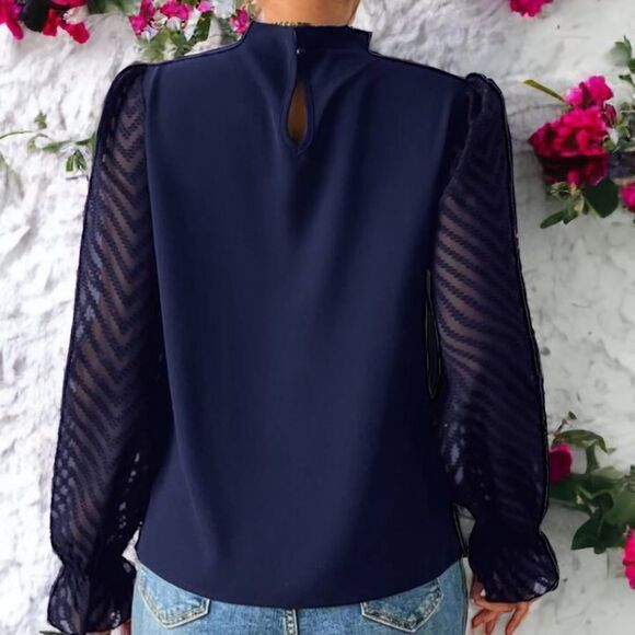 SHEIN NEW FRENCHY FRILLED NECK FLOUNCE SLEEVE BLOUSE TOP NAVY BLUE LARGE - Picture 2 of 7